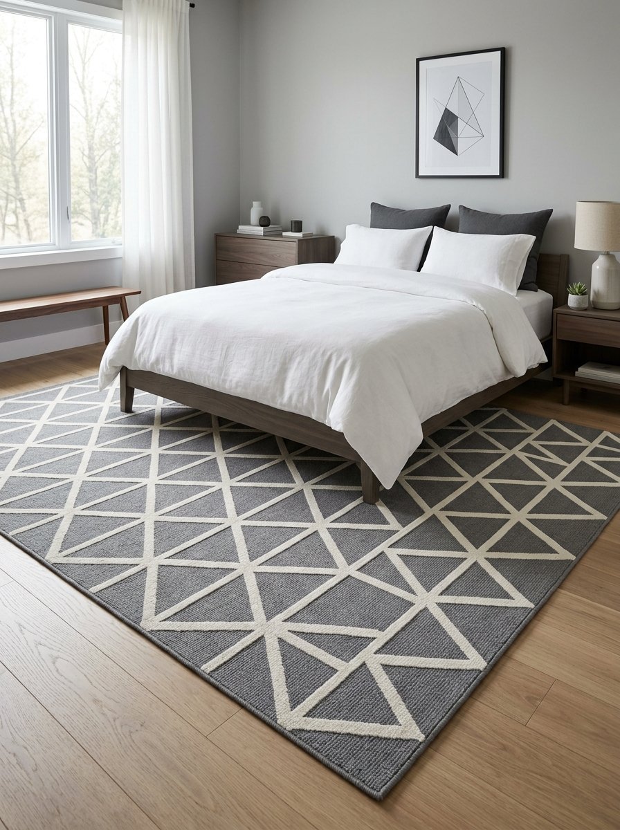A bedroom features a large area rug with a grey and cream geometric triangle pattern on a hardwood floor.