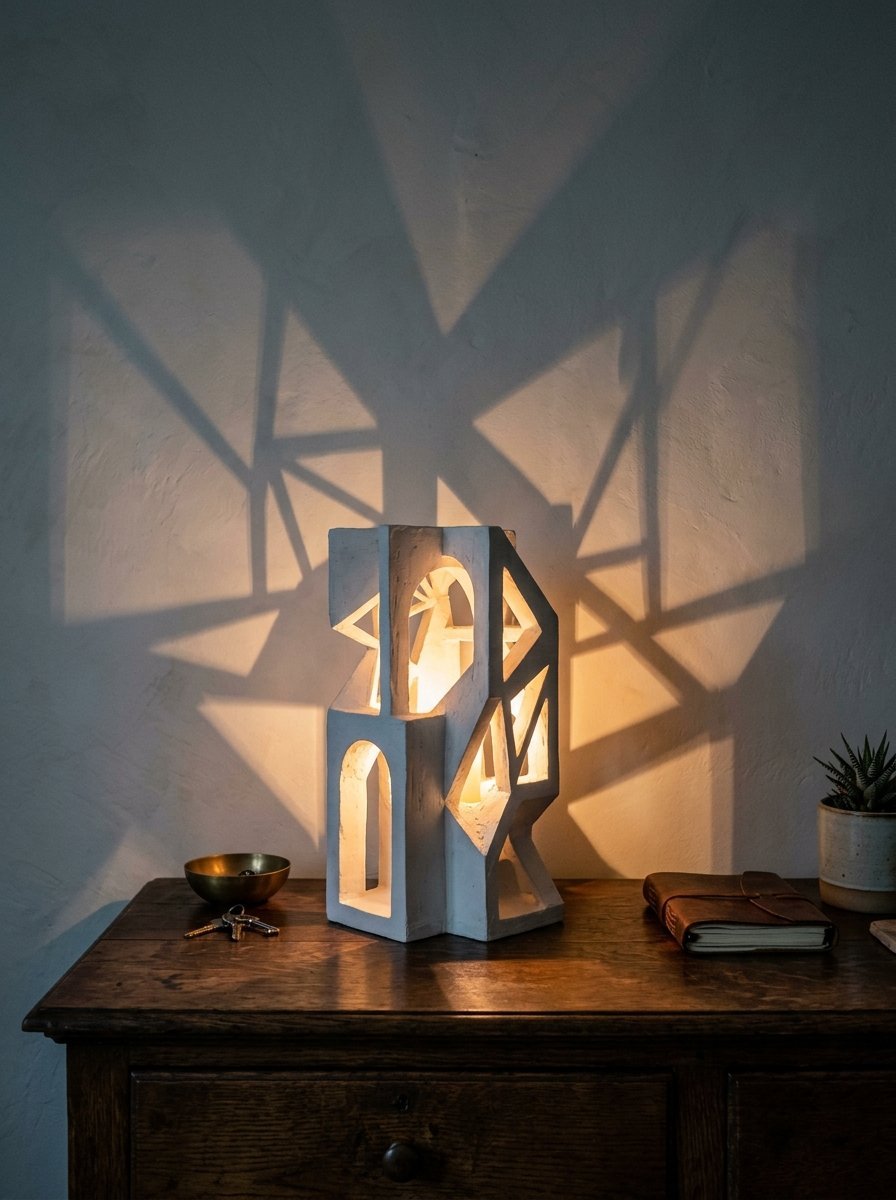 A modern plaster table lamp with cutouts illuminates a wooden surface, projecting patterns onto the wall.
