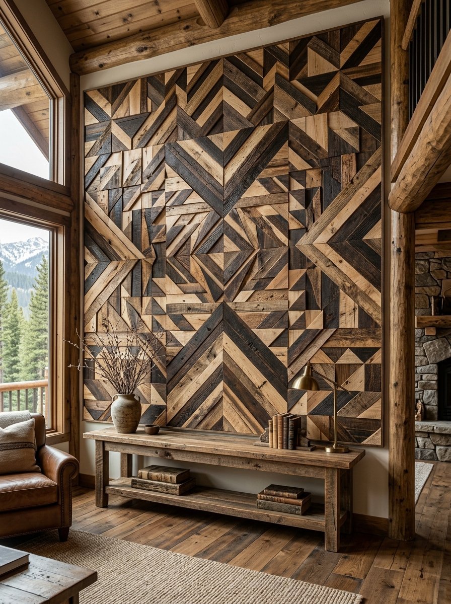 Large wooden geometric art piece mounted on a wall above a rustic console table with books.