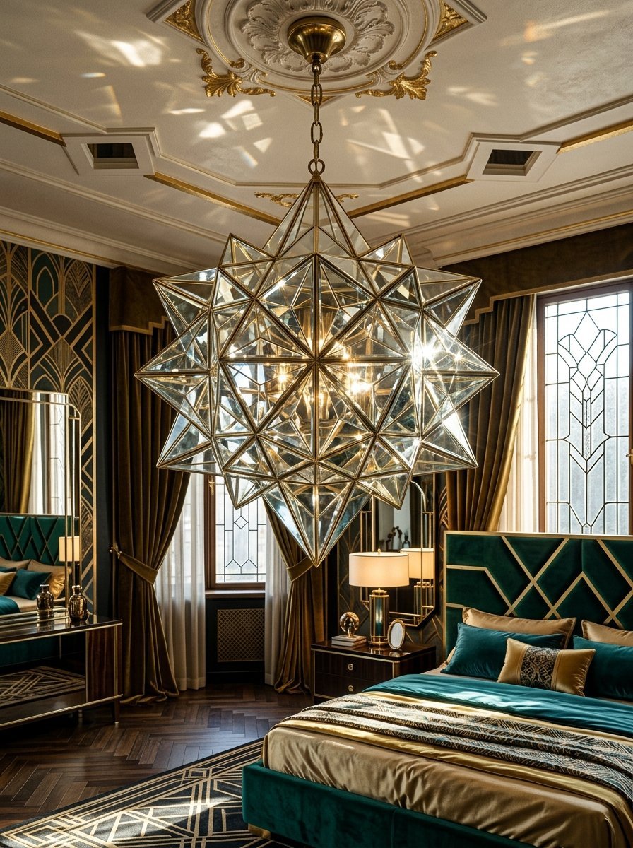 A large, multi-faceted star-shaped chandelier hanging in a glamorous bedroom with green velvet and gold accents.