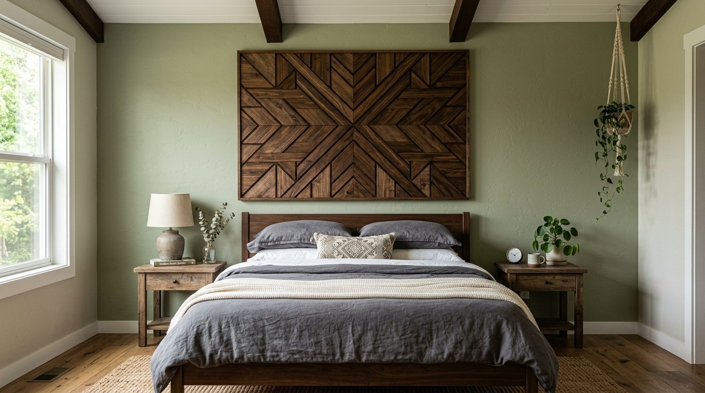 A cozy bedroom with sage green walls, a large geometric wood mural, and a dark grey bed frame.