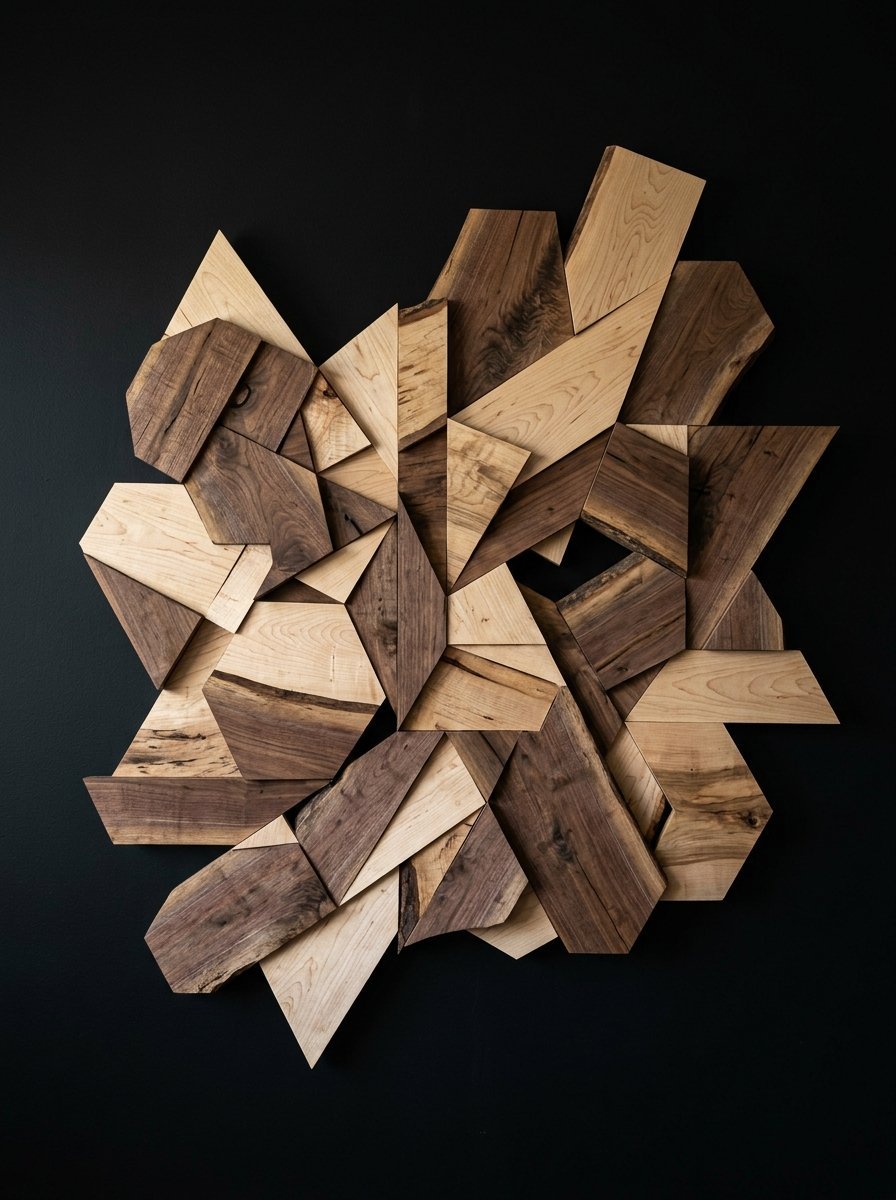 A decorative wall piece featuring angular segments of contrasting light maple and dark walnut wood panels.