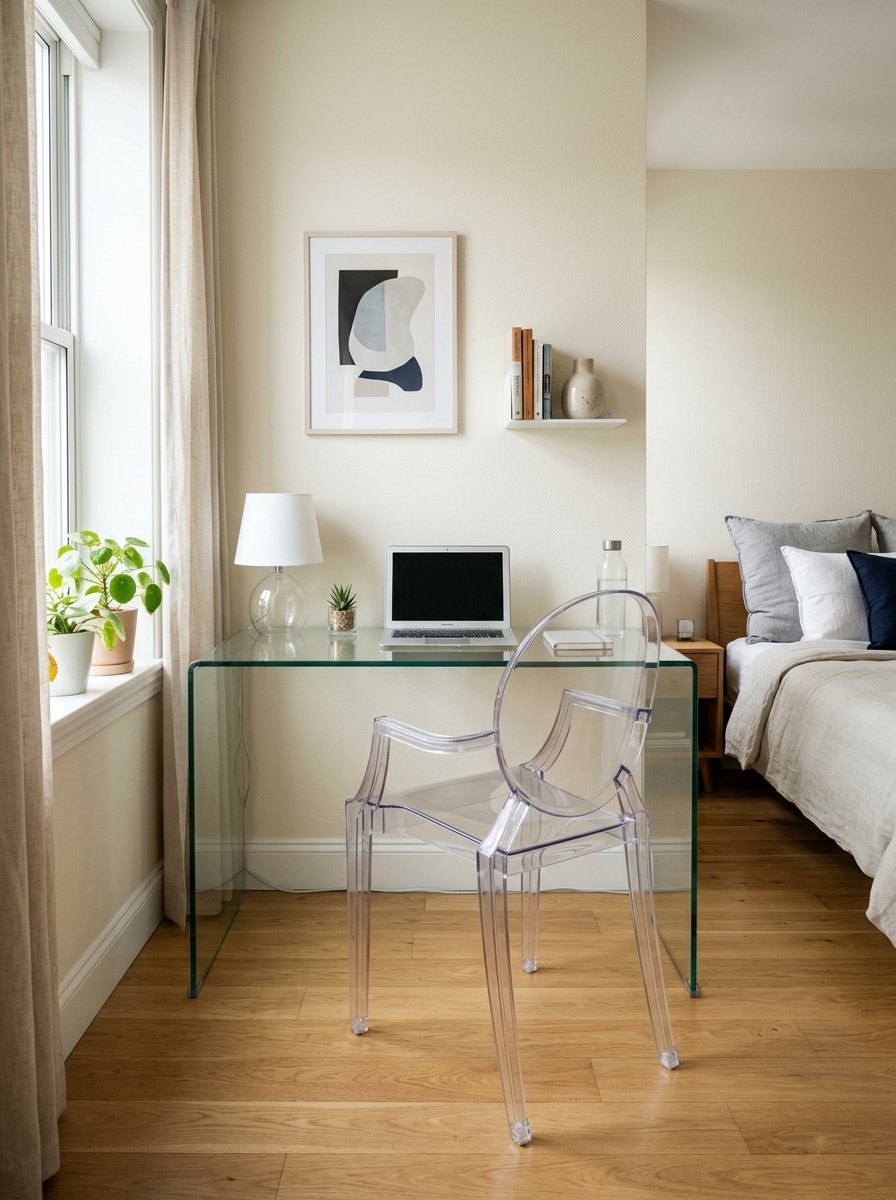 A clear glass desk and transparent acrylic chair placed in a bedroom workspace.