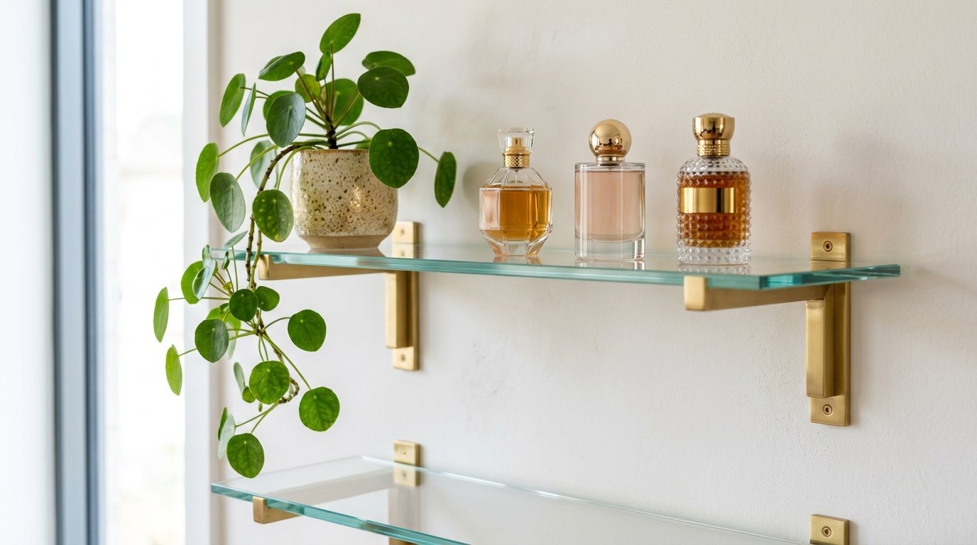 Pilea plant in a speckled pot and three luxury perfume bottles resting on a mounted gold-bracket glass wall shelf.