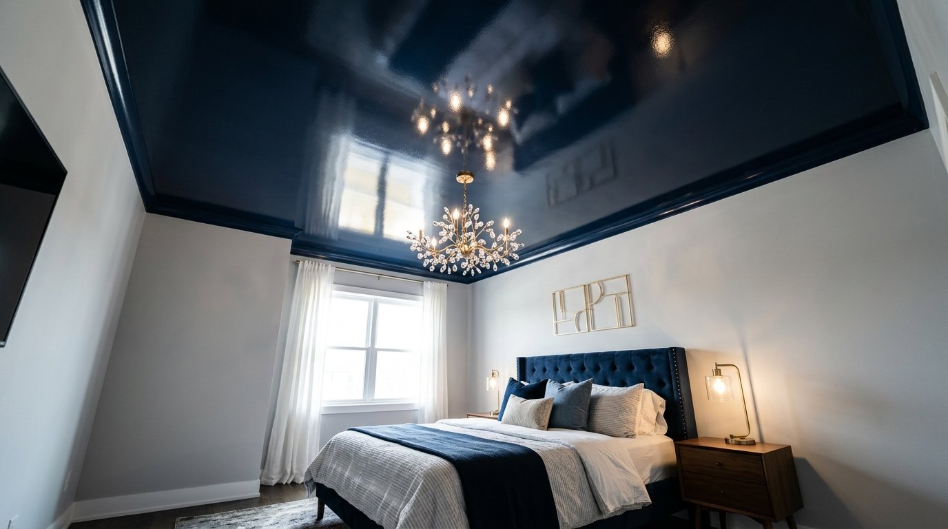 A bedroom with a shiny navy blue ceiling, crystal chandelier, and a velvet upholstered bed frame.