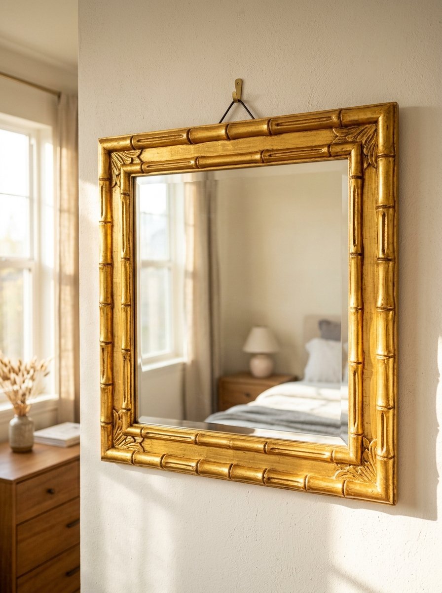 A rectangular mirror with a textured metallic bamboo-inspired border hanging on a light-colored wall.