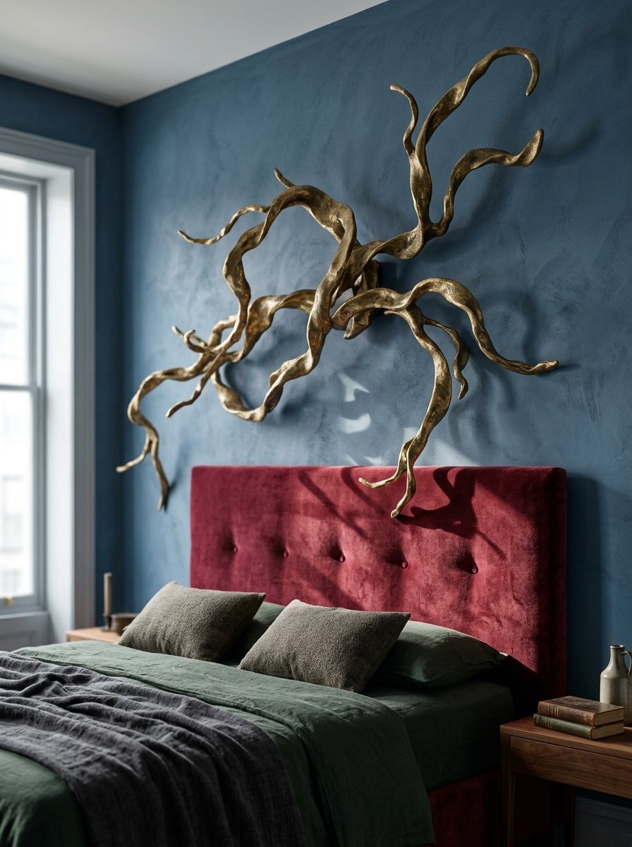 Large golden tree branch installation mounted on a textured blue wall behind a velvet red headboard.