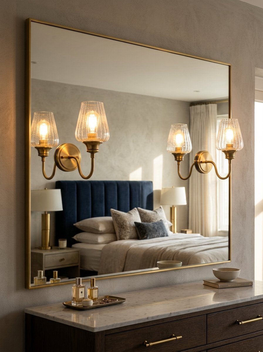 Rectangular gold mirror hanging over a marble top dresser reflecting a blue headboard and warm bedside lighting.