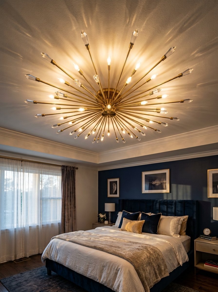Modern brass sputnik chandelier mounted on a ceiling above a luxurious navy blue bedroom.