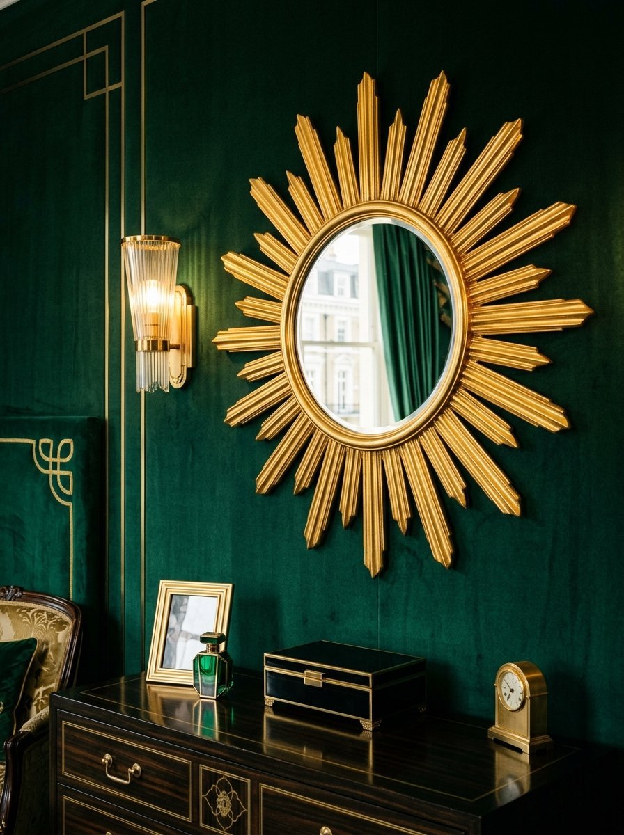 A decorative sun-shaped gold mirror hanging above a dark wooden dresser with gold accents.