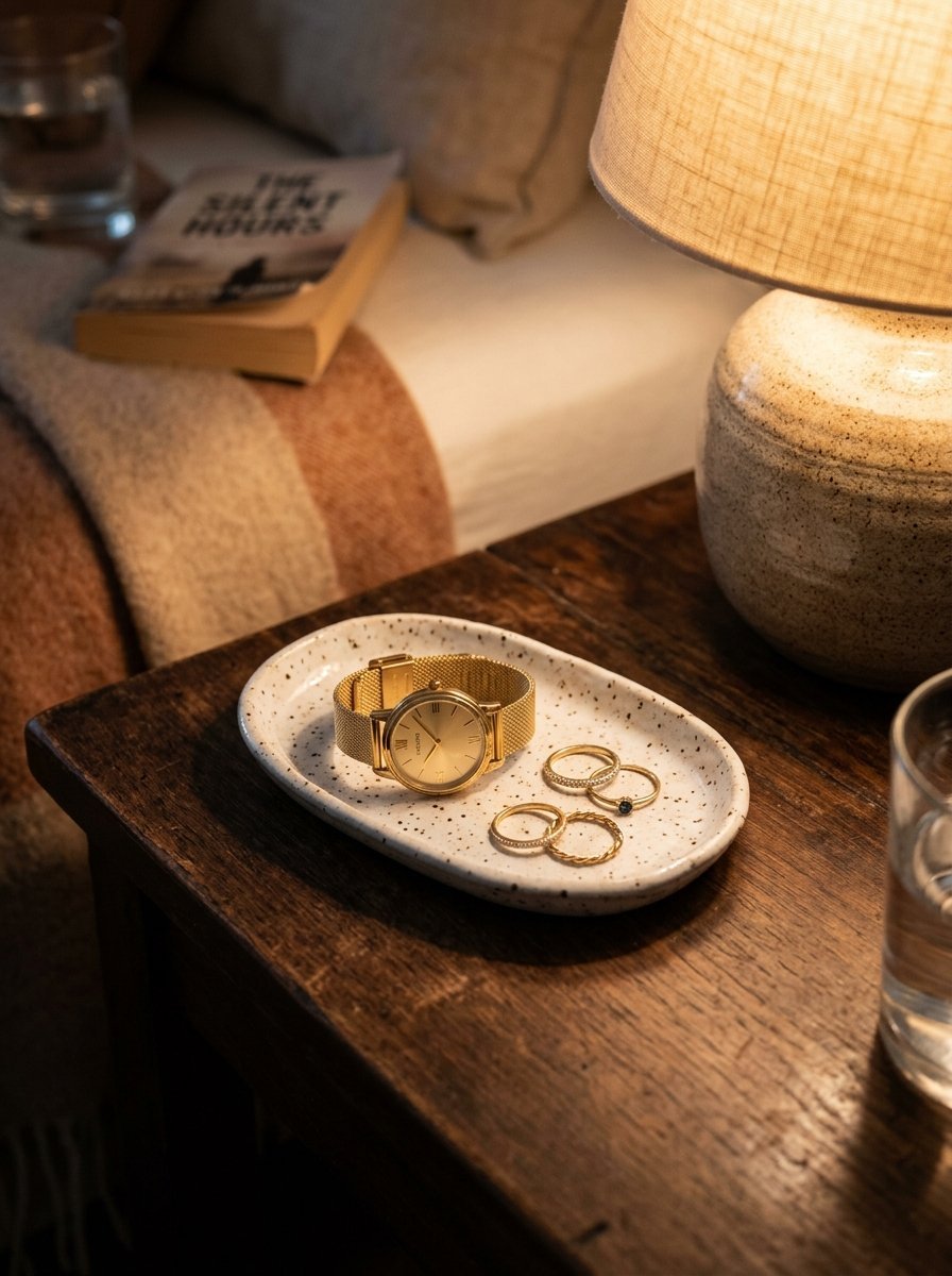 Close up of gold watch and several gold rings resting on a speckled ceramic oval tray on a wooden bedside table.