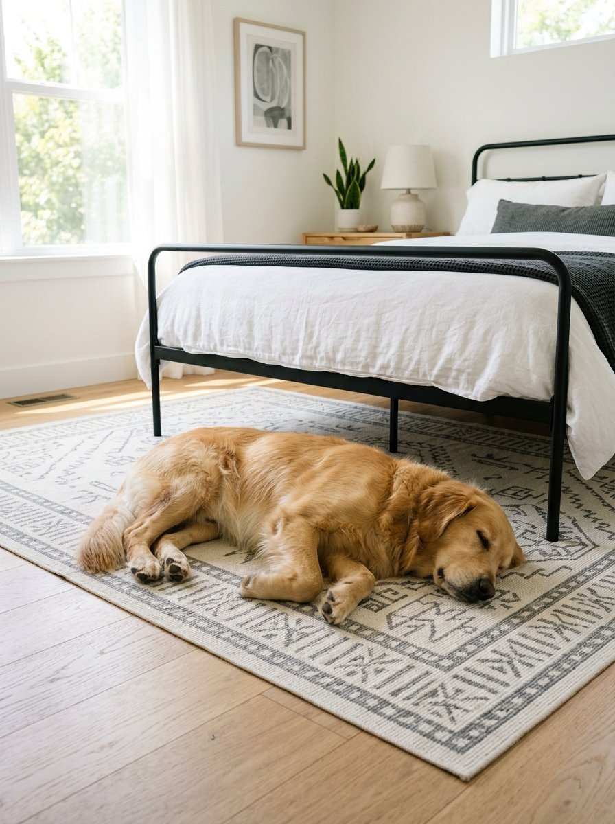 A golden retriever dog curled up asleep on a patterned area rug underneath a black metal bed frame.