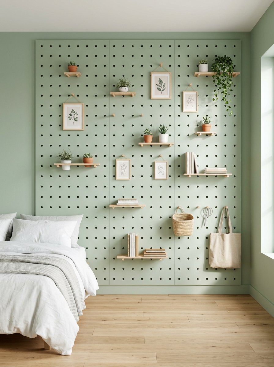A sage green wall with pegboard design, floating shelves, potted plants, framed art, and a hanging canvas bag.
