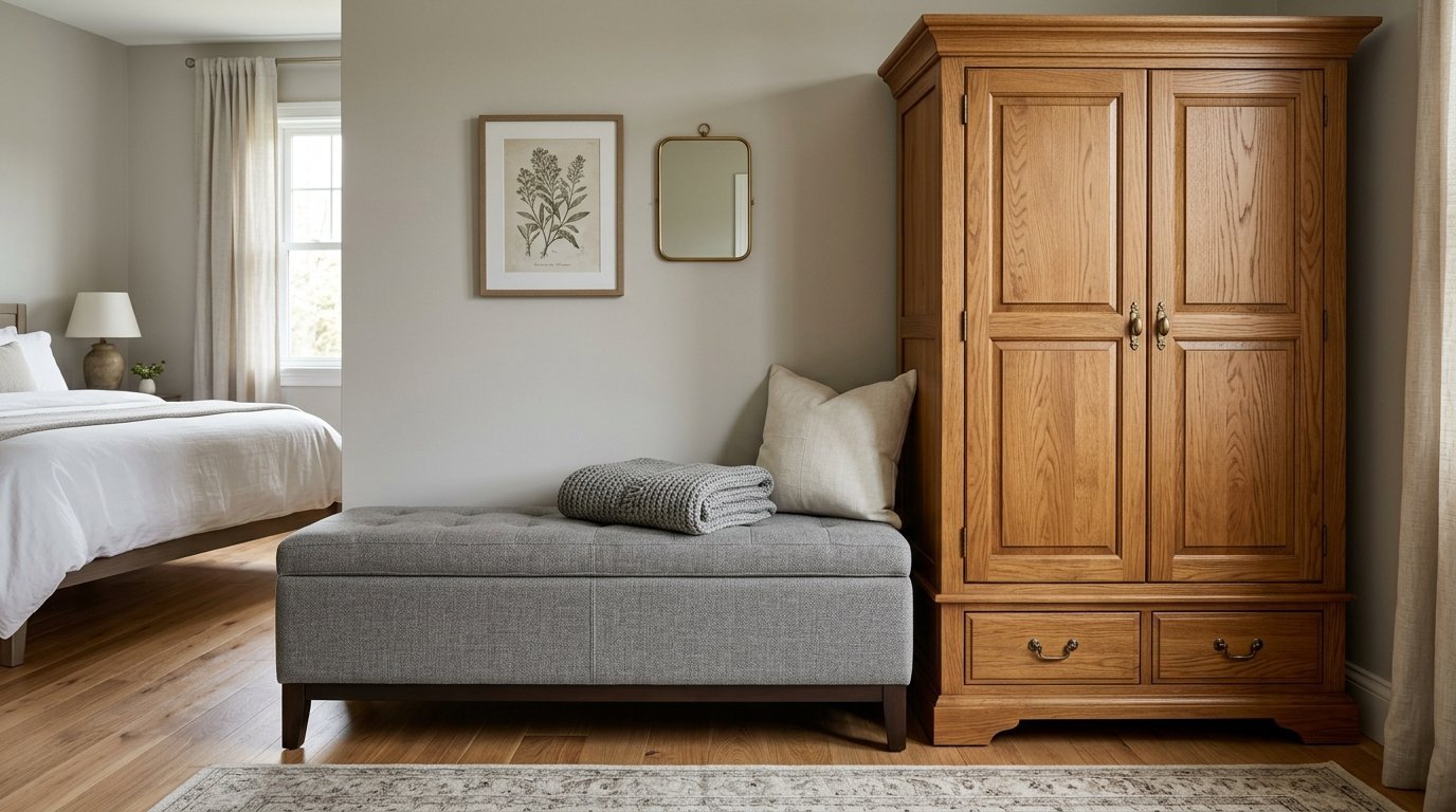 A grey tufted ottoman bench with a knit throw blanket sits next to a large oak armoire in a bright neutral bedroom.