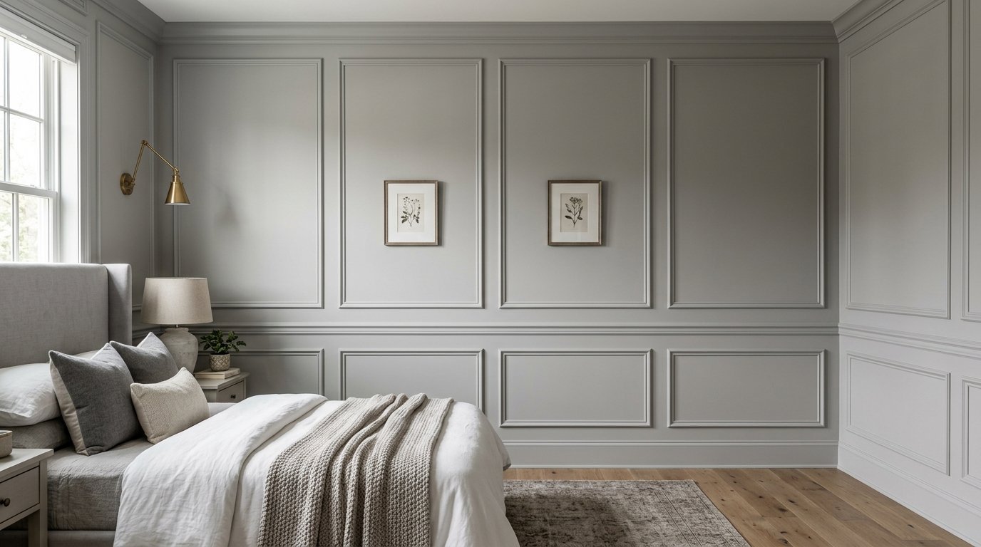 A bedroom with light grey paneled walls, a neutral bed, brass wall lamp, and two small botanical sketches.