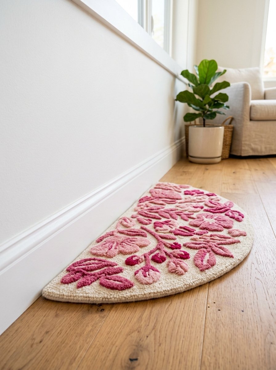 A decorative half-moon area rug featuring pink flowers and leaves against a cream background on a wooden floor.