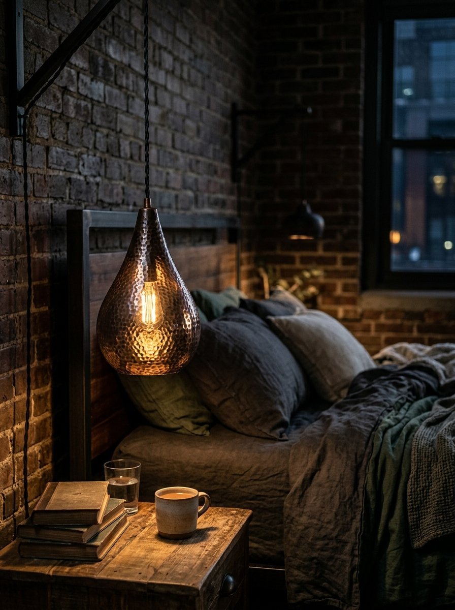 A rustic nightstand with a stack of old books and a coffee mug sits beneath a glowing copper pendant lamp.