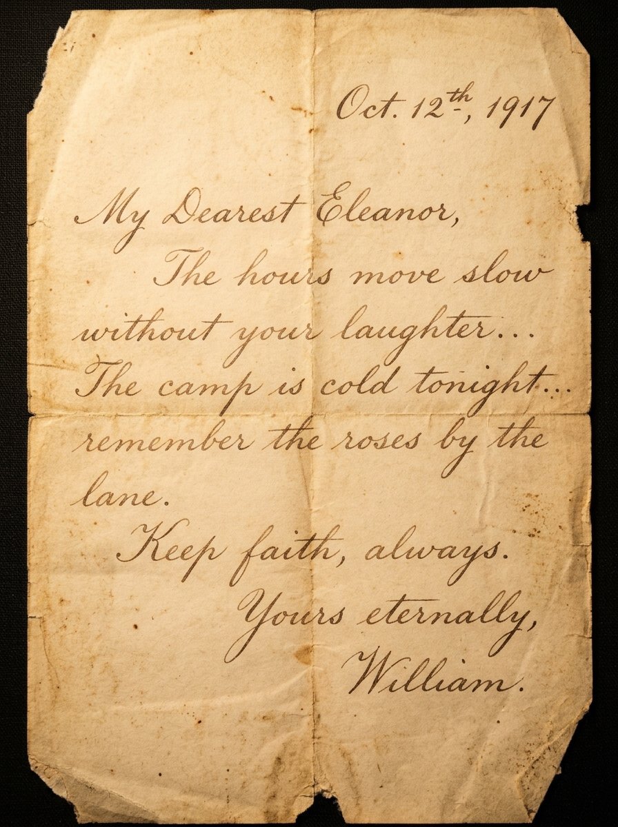 Close-up of a stained, folded piece of antique stationery with cursive handwriting dated October 12th, 1917.