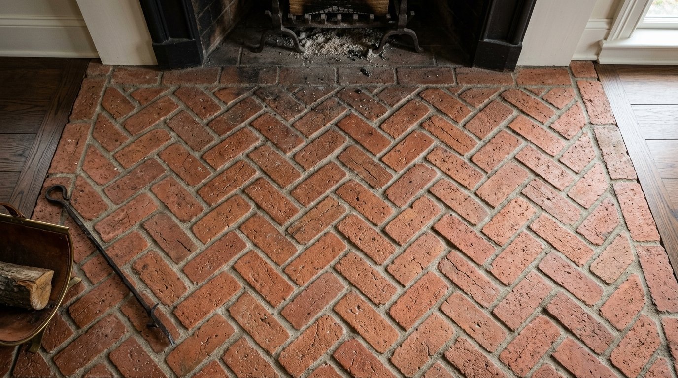 A close-up of a red brick fireplace hearth laid in a decorative herringbone pattern next to a log holder.