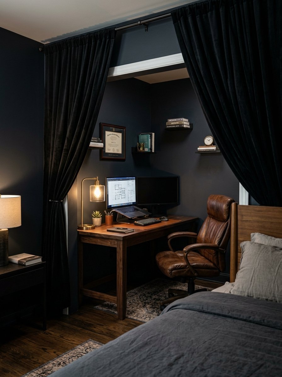 A wooden desk and leather chair placed in a bedroom alcove with dark walls, lit by a brass lamp and floating shelves.