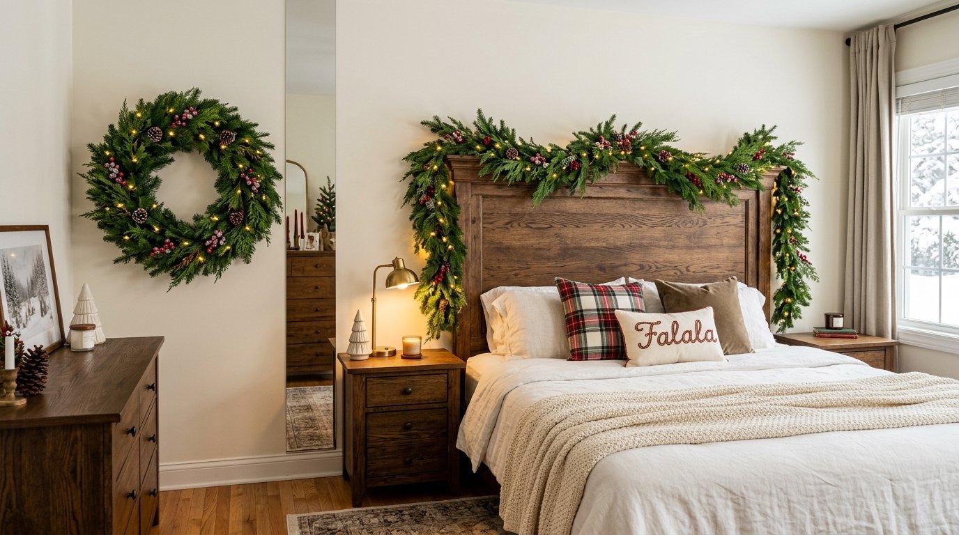 Wooden bed frame adorned with Christmas lights, pine garlands, and plaid throw pillows in a bright bedroom.
