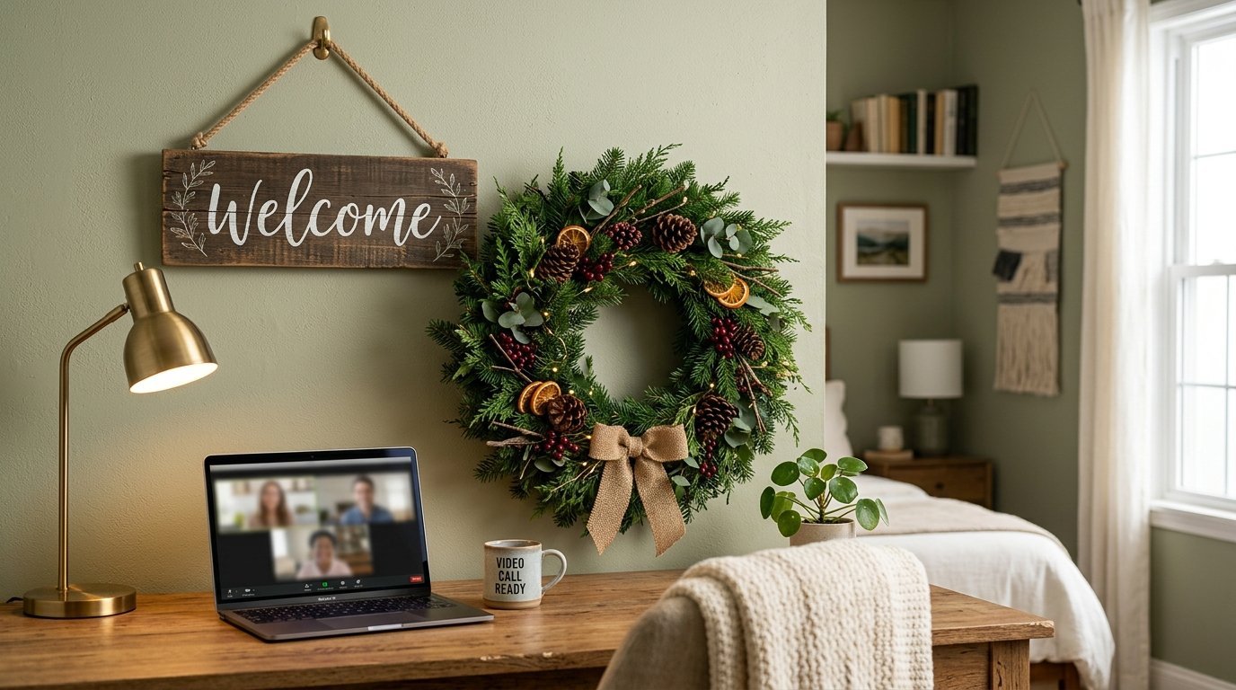 Laptop on a wooden desk showing a group video call under a Christmas wreath and welcome sign.