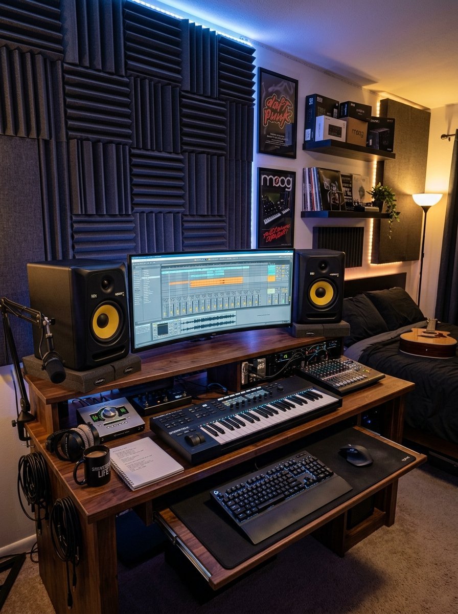 Music production workstation with a curved monitor, KRK studio speakers, and midi keyboard on a wooden desk.