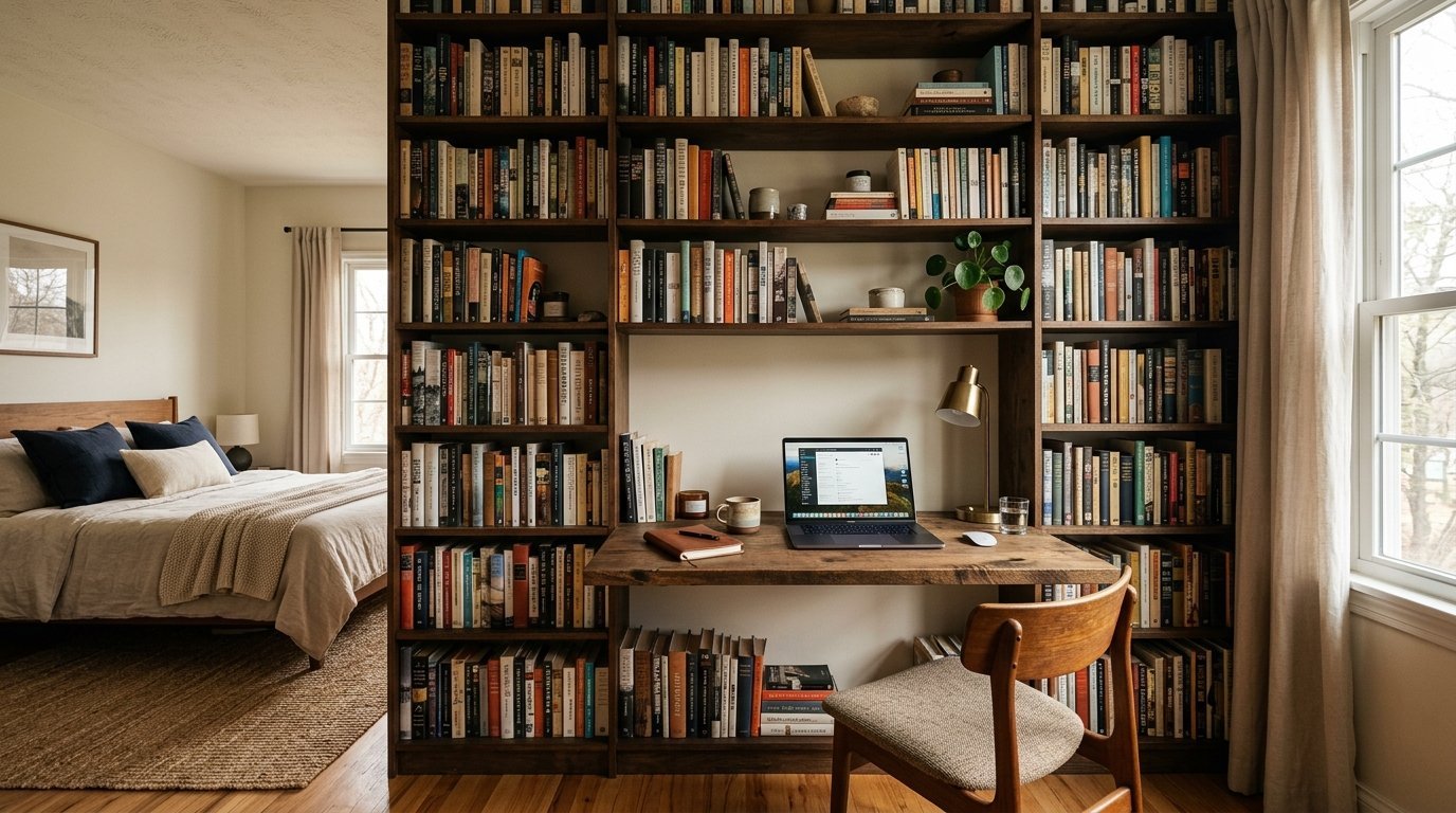 A laptop on a desk nested inside a library wall shelf with a view of a minimalist bedroom nearby.