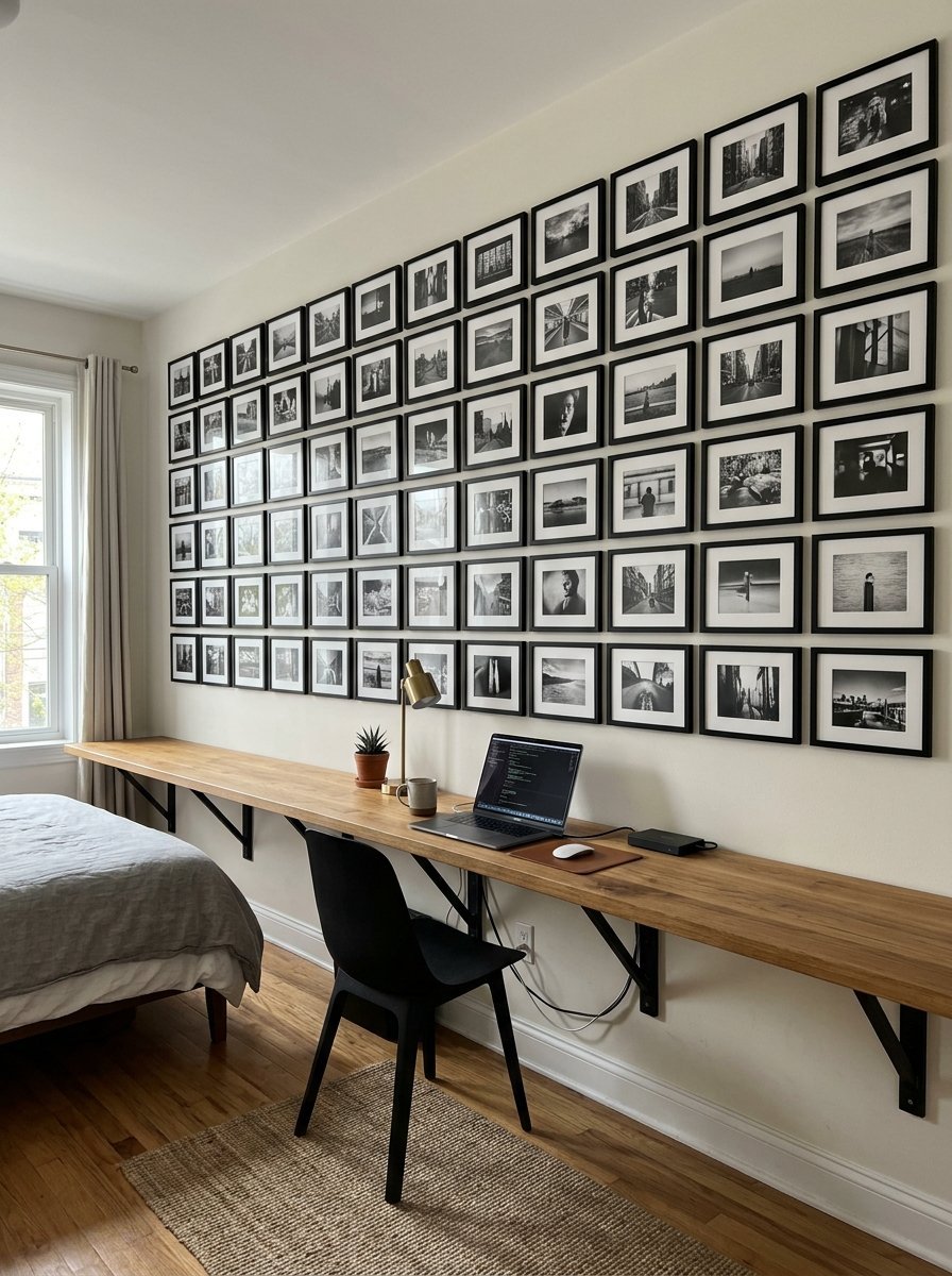 A bedroom workspace featuring a long wooden wall-mounted desk, black chair, and a large grid of framed monochrome photos.