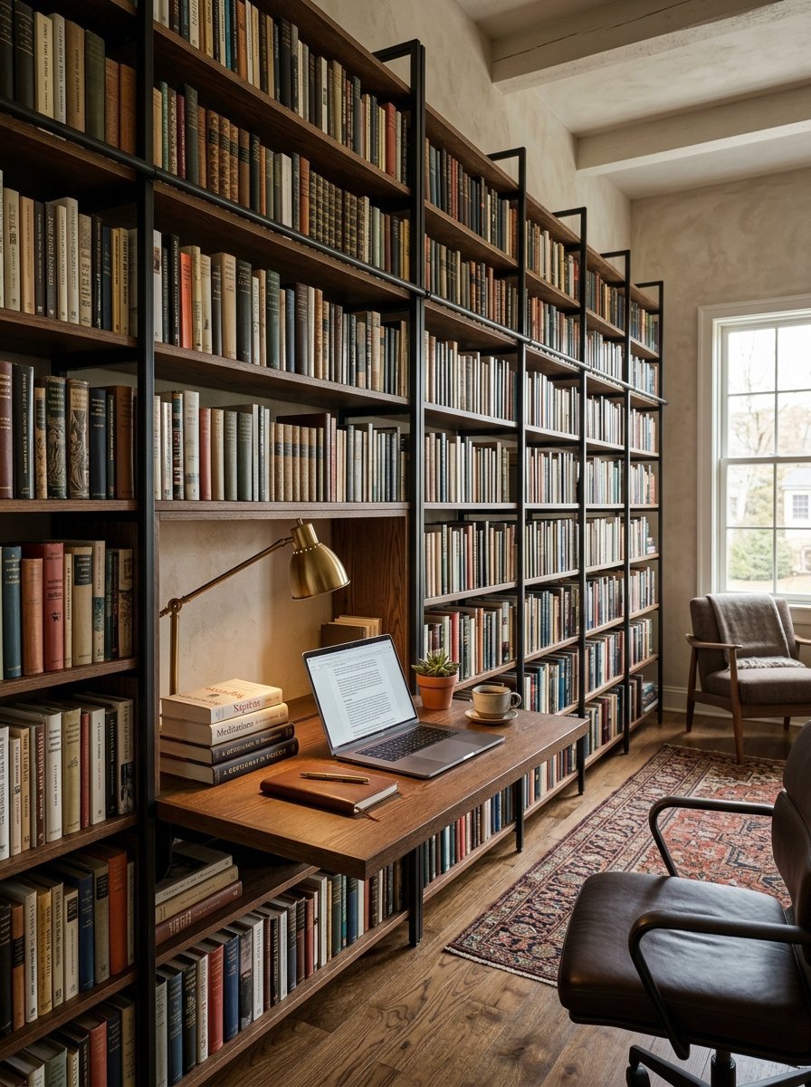 Modern laptop set up on a wooden desk built into tall metal and wood library shelves.