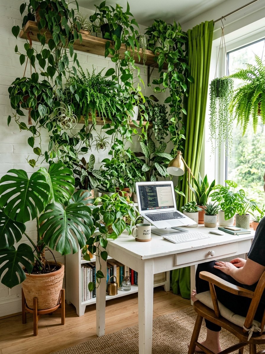 A person working on a laptop at a white desk surrounded by numerous houseplants in a bright home office setting.