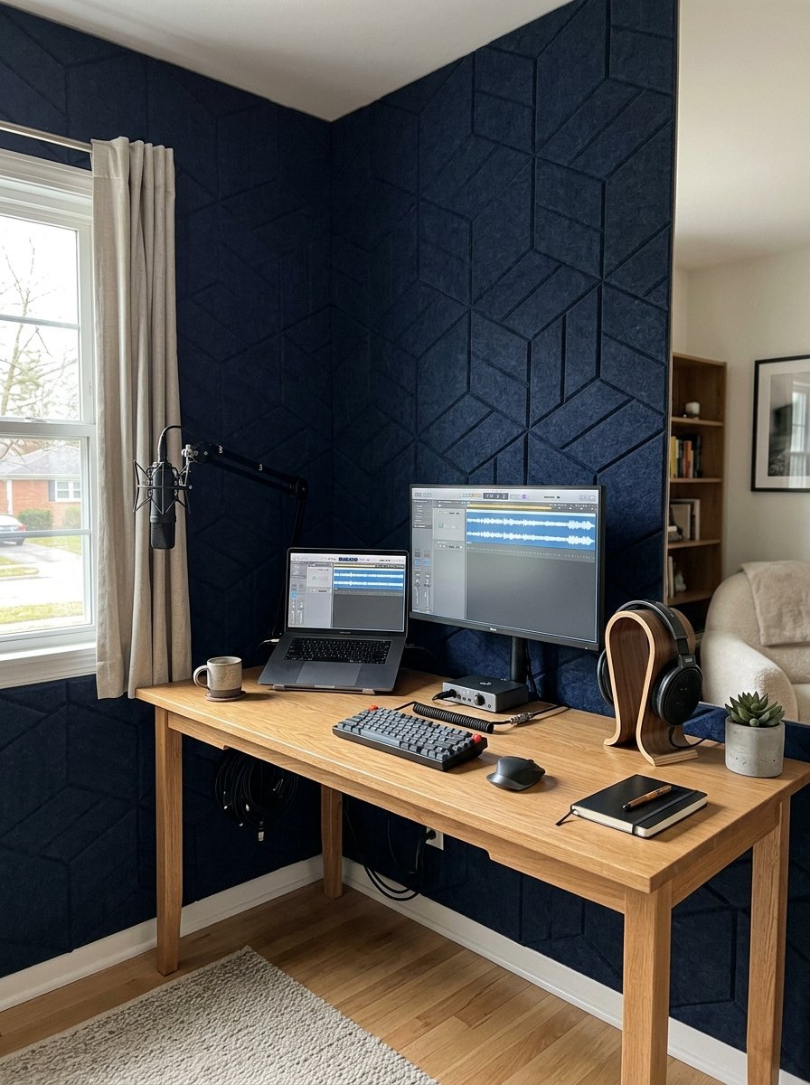A music production workstation featuring a laptop, monitor, and studio headphones against geometric navy wall tiles.