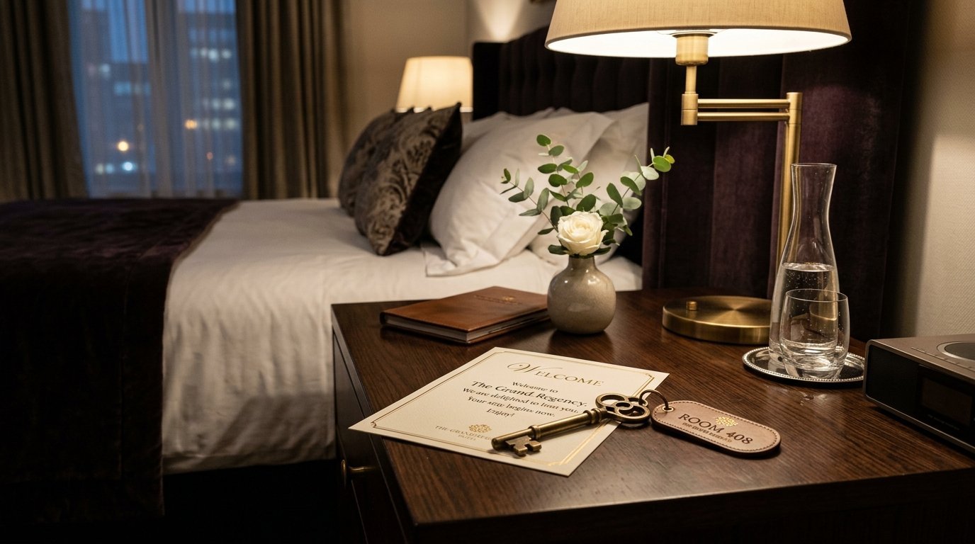 Close up of a hotel welcome card and gold skeleton key resting on a dark wood nightstand next to a white rose.