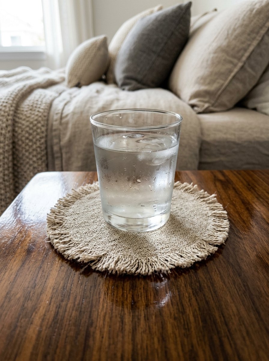 Clear glass of water with ice sitting on a round beige fringed coaster on a wooden table near a bed.