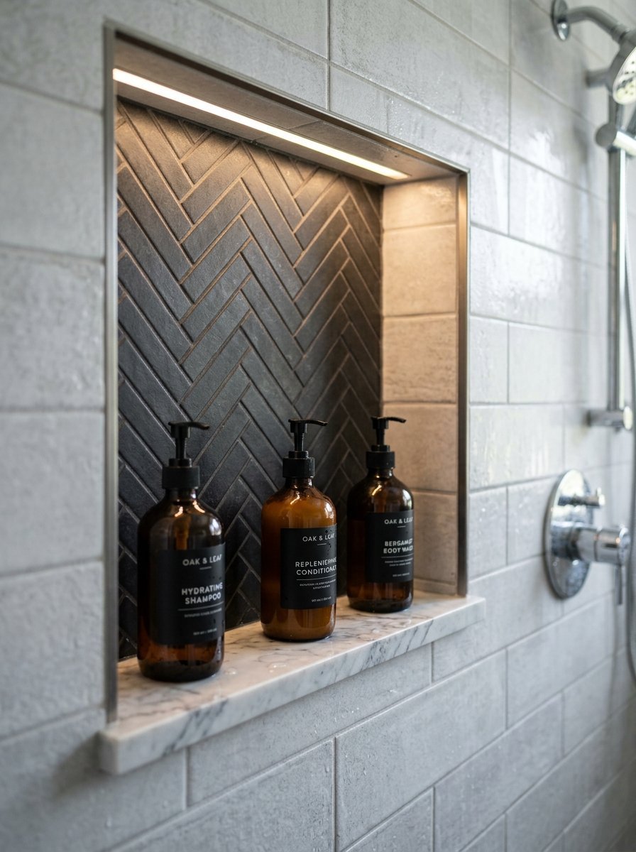 Close-up of a recessed shower shelf featuring dark herringbone tile, marble ledge, and three apothecary style bottles.
