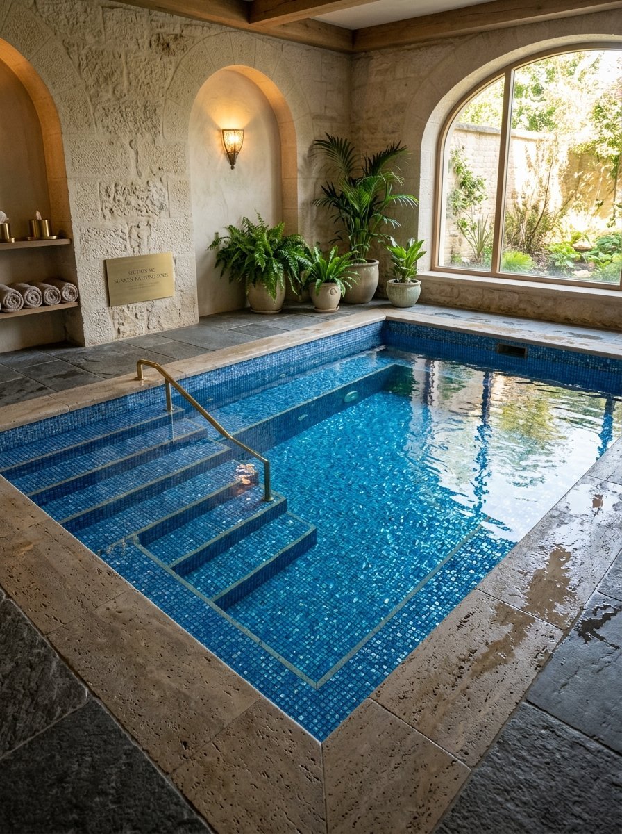 An indoor rectangular pool with blue mosaic tiles and a handrail, set within a stone-walled room with potted plants.