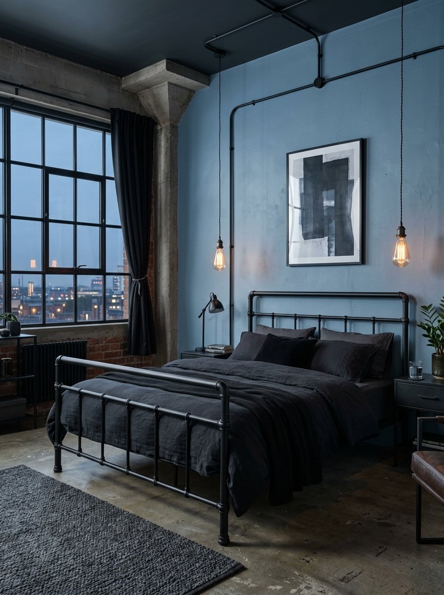 A modern industrial bedroom with a black metal bed frame, moody blue walls, and exposed piping under large windows.