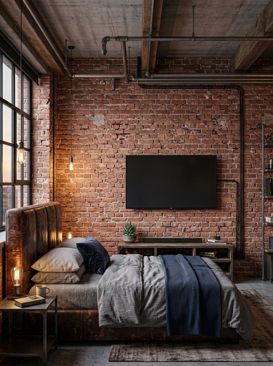 A bedroom featuring an exposed brick wall, pipe ceiling fixtures, a leather headboard, and a mounted flat screen TV.