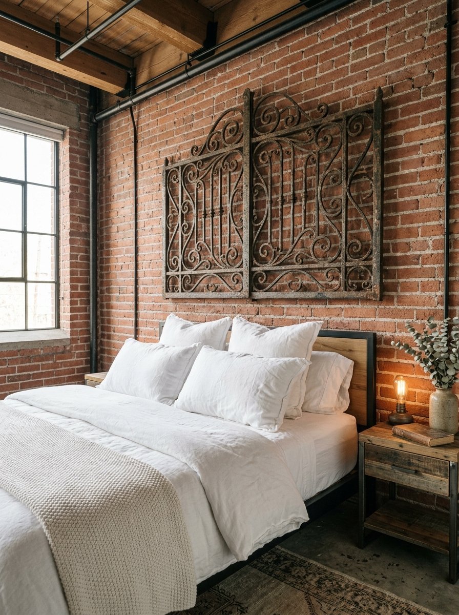 A bed with white bedding centered against a brick wall with an ornate metal gate headboard.