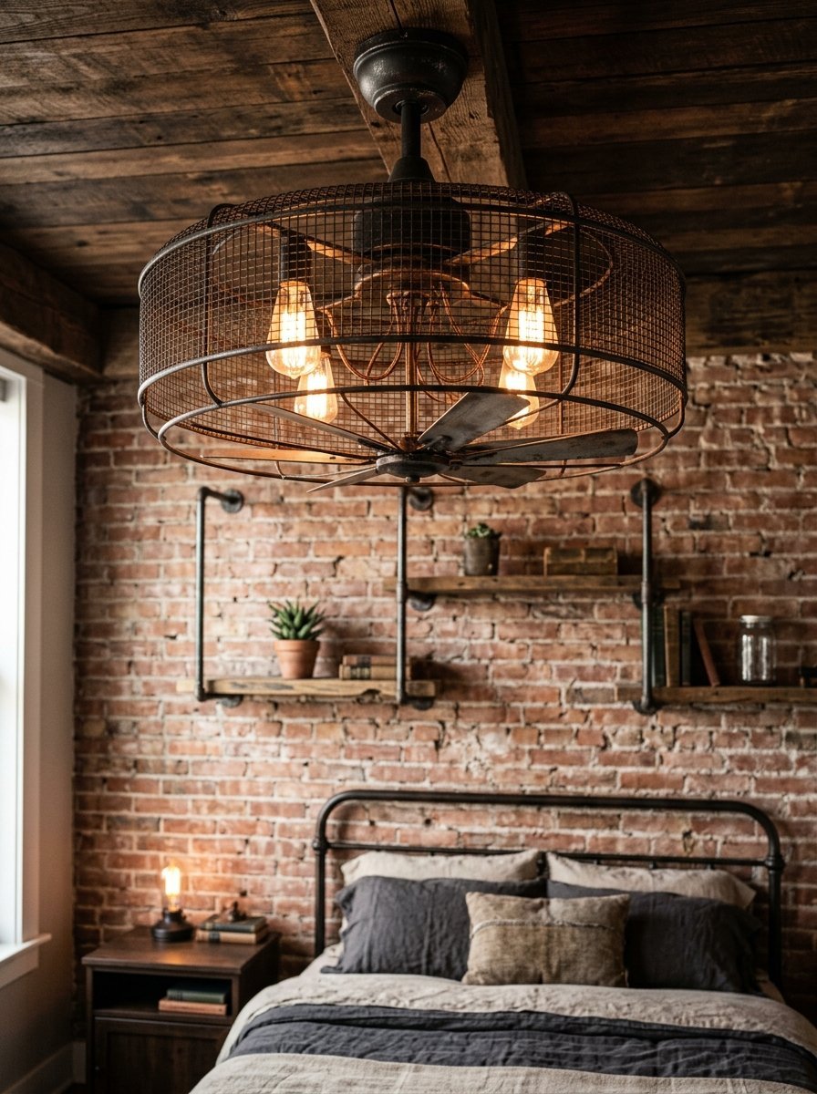Round mesh caged ceiling fan with Edison bulbs hanging over a brick wall bedroom with pipe shelving.