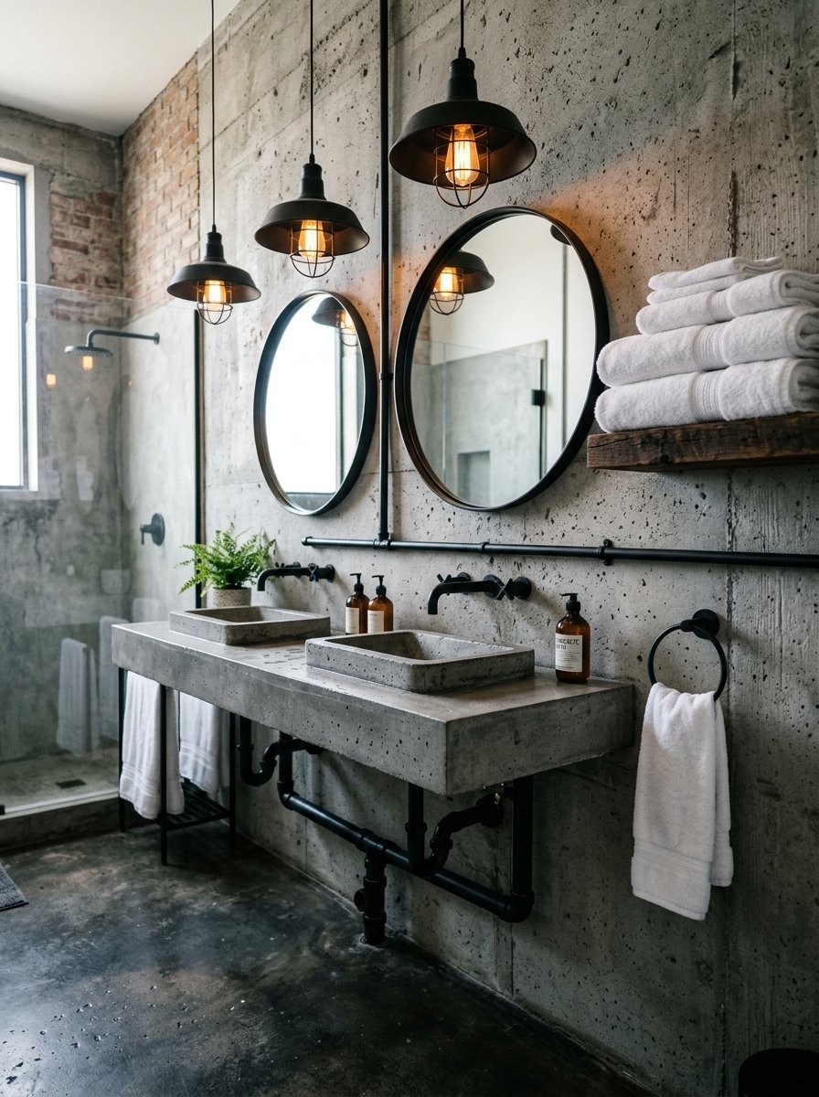 Double concrete vessel sinks mounted on a raw concrete wall with round mirrors and industrial lighting fixtures.