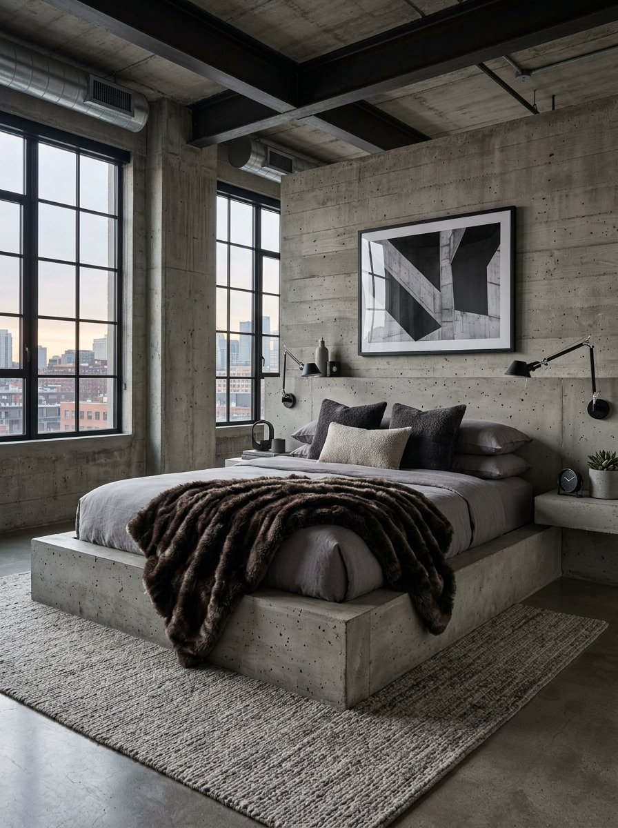 Modern bedroom with raw concrete walls, a platform bed, and floor-to-ceiling windows looking out over a city skyline.
