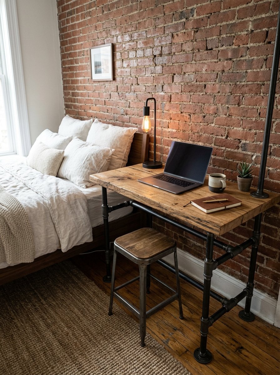 Laptop sits on a wooden desk with metal pipe legs next to a bed against an exposed brick wall.