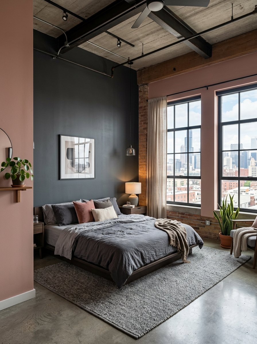 A contemporary bedroom with a grey bed, exposed concrete ceiling, and large windows looking over a city.