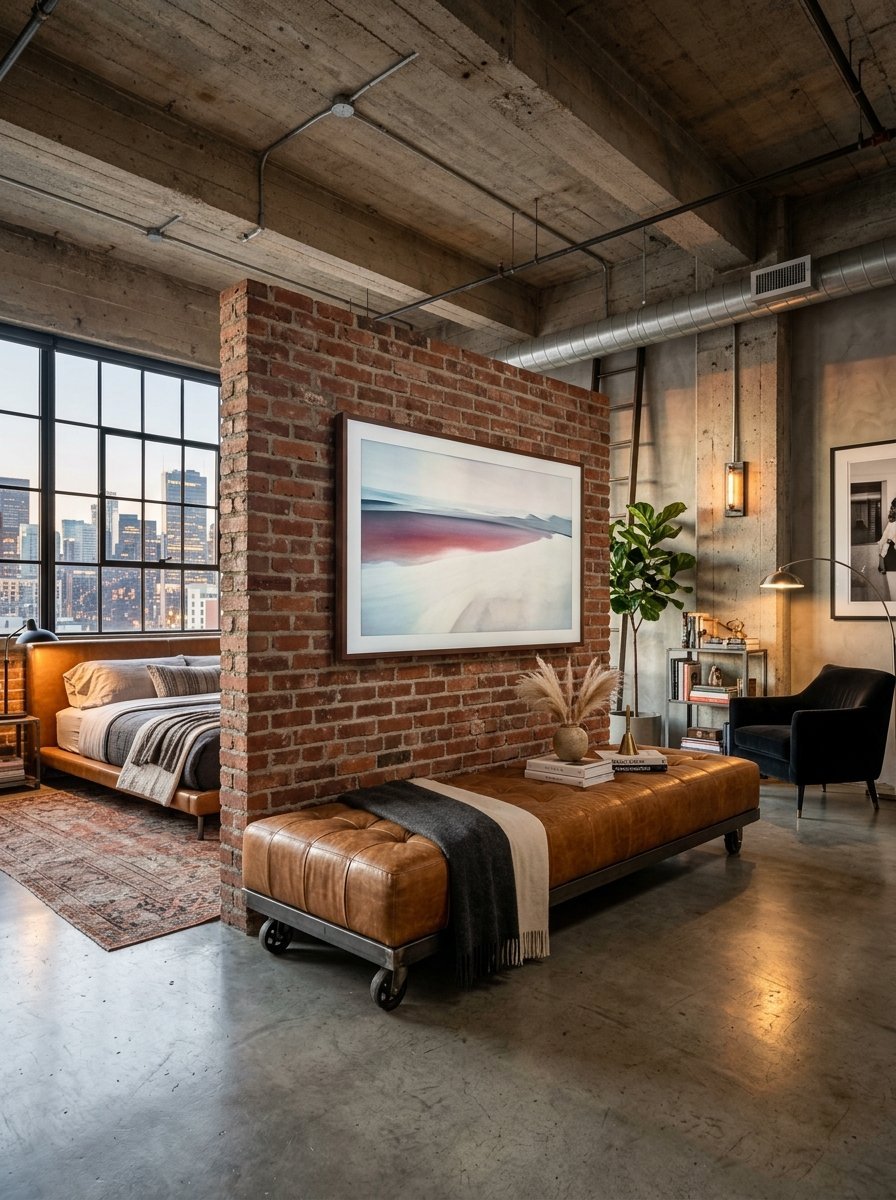 Exposed brick wall separating a bedroom with a leather bed from a lounge area with a tufted bench.