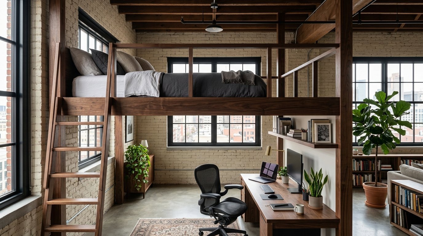 A bedroom loft with a dark bed frame sits above a home office desk in an exposed brick studio apartment.