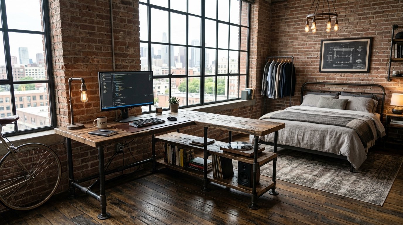 A rustic brick wall apartment room with a corner desk, computer monitor, bicycle, and queen sized bed.