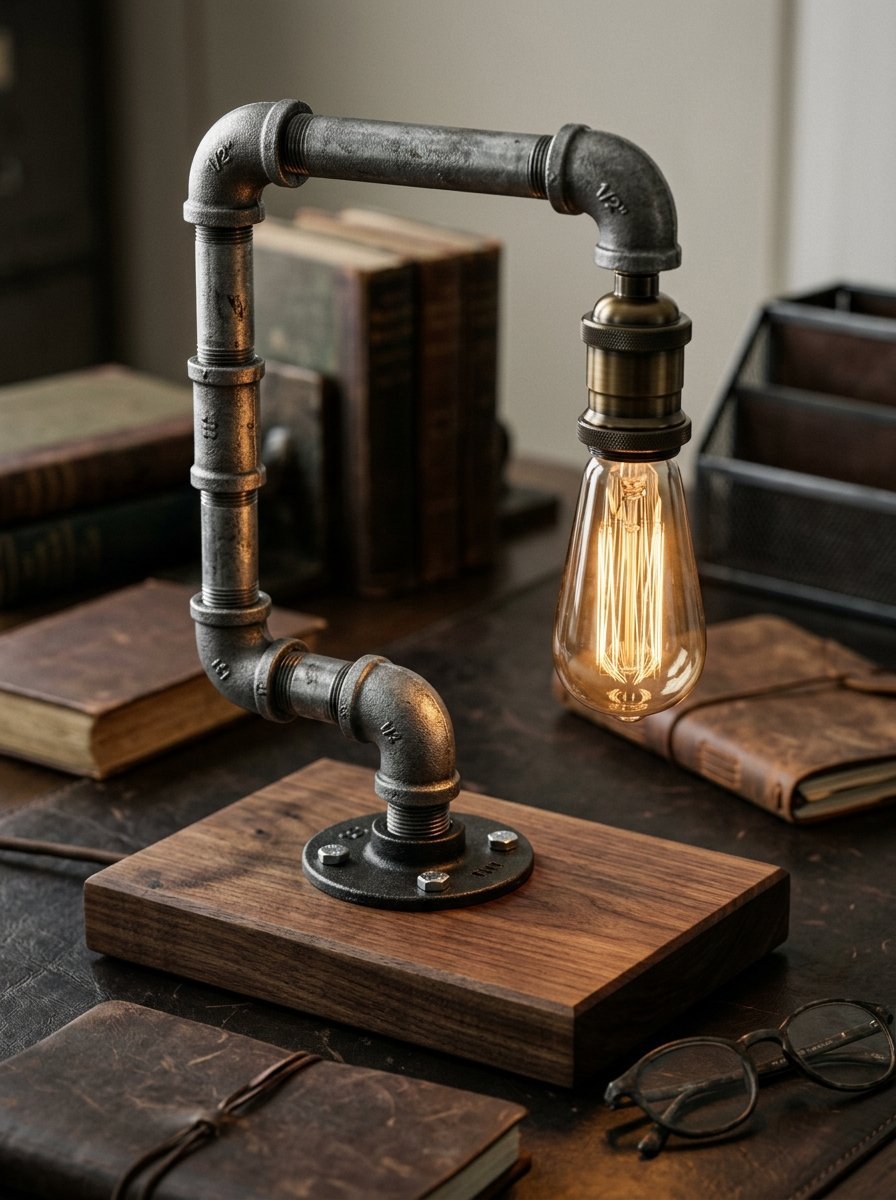 An industrial table lamp made of metal plumbing pipes and a walnut base with an exposed filament lightbulb.