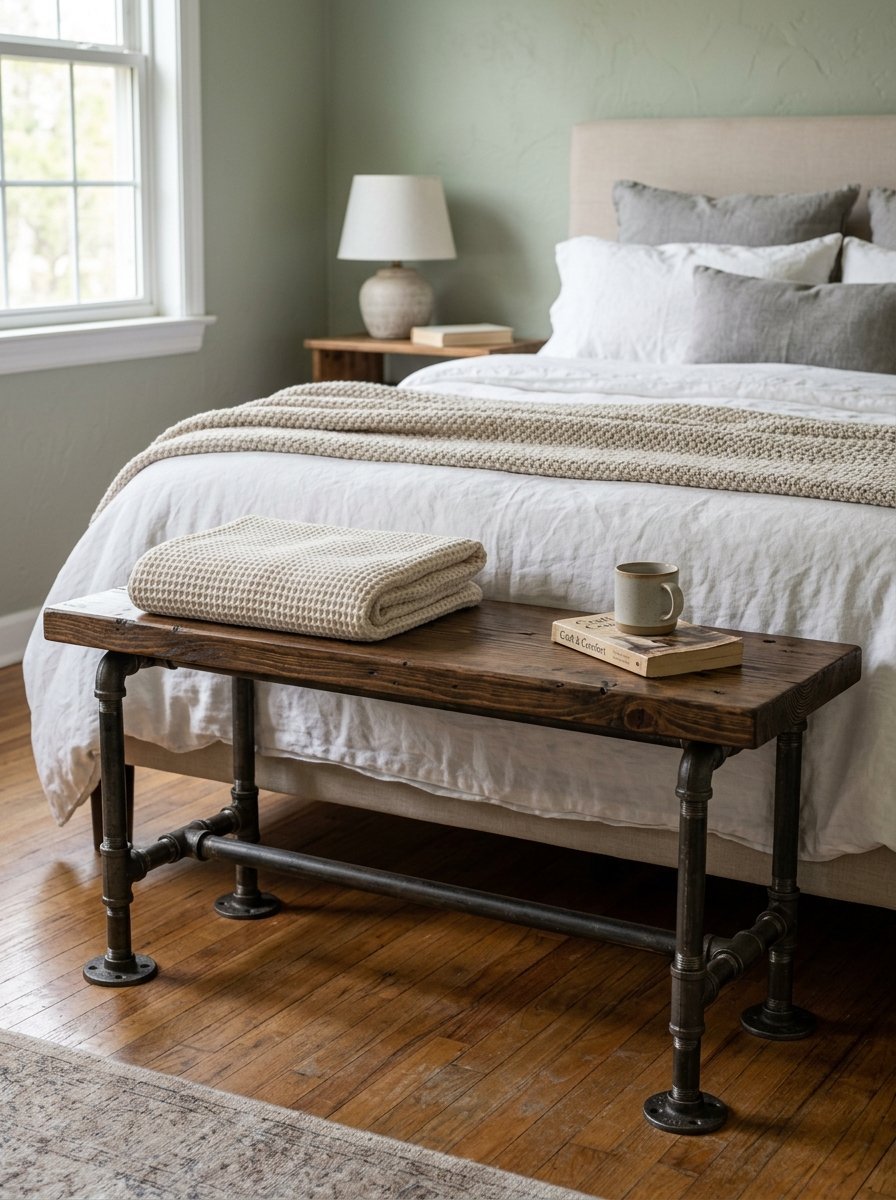 Wooden bench with dark metal industrial pipe legs placed at the foot of a cozy white bed.