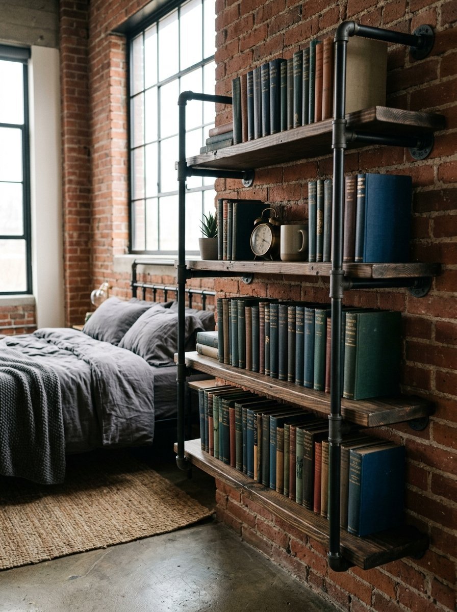 Wall-mounted industrial pipe shelf with wood planks and many old books next to a bed in a brick loft apartment.